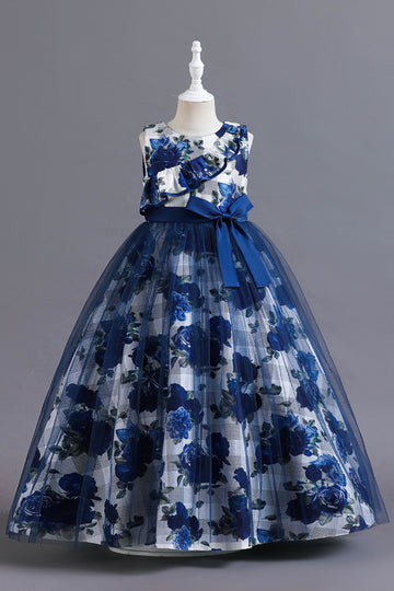 Robe longue de fille en tulle de fleur bleue avec volants